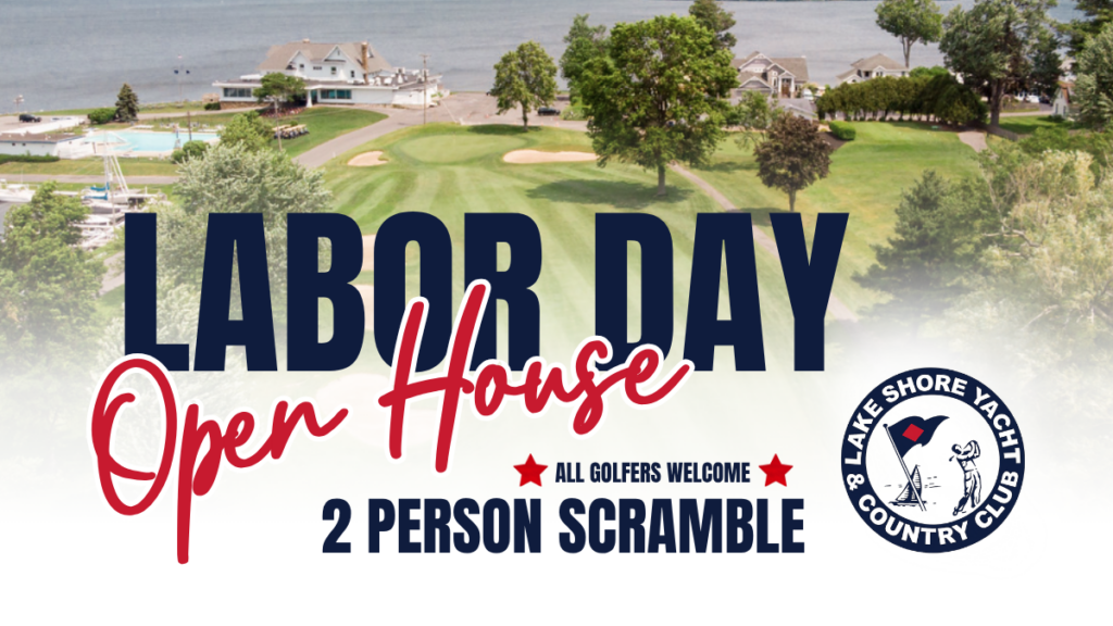 Lake Shore Yacht & Country Club Labor Day Open House & 2-Person Scramble event graphic featuring a golfer on the course.